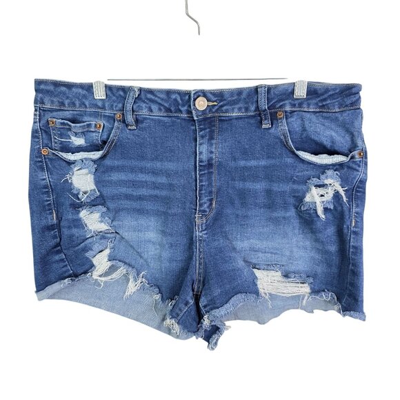 Womens Rue+ Blue Denim Shorts Distressed Hi Rise Cut Off Hem 2" Inseam Size 20 - Picture 1 of 10